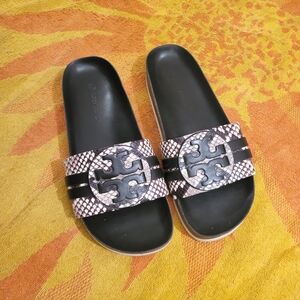 Tory Burch Black and Silver Slide Sandals